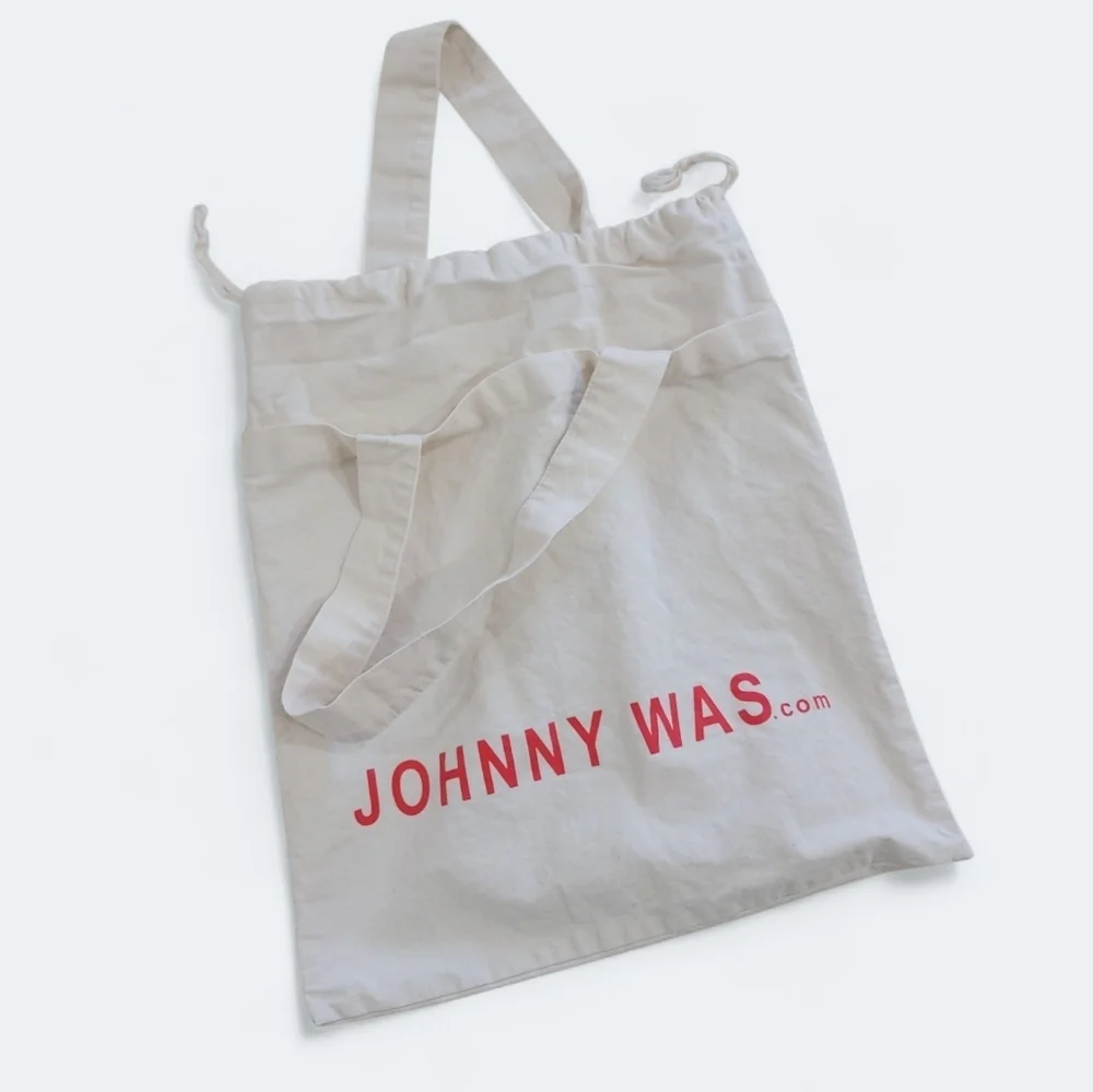 Johnny Was Beige Canvas Tote with Red Logo And Drawstring Top Shipping Bag